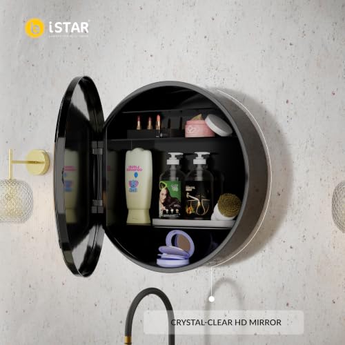Image of iSTAR Round Wall Mirror with Storage Shelf | Bathroom Vanity Cabinet with Hidden Storage Cabinet | Wall Mounted, Bathroom, Bedroom, Living Room