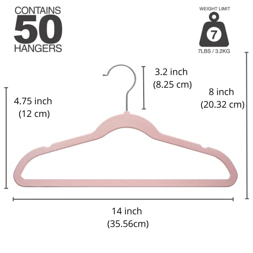 Techzoo 50 Premium Kids Velvet Hangers - 14" Inch Non-Slip Kids Hangers - Ultra Slim Space Saving Children Hangers - 360°Swivel Hook, Strong & Durable Kids & Preteen Hangers - Pink #TOP1