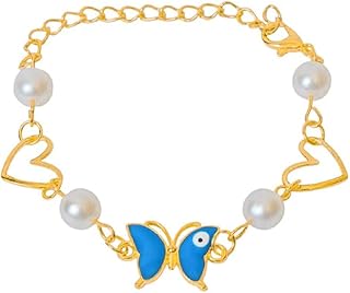 سوار من الستانلس ستيل مع فصوص لؤلؤ صناعي ودلاية على شكل فراشة للنساء - ابيض وازرق فاتح