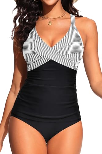Tempt Me Women Ruched Tankini Swimsuit - Tummy Control Two Piece Bathing Suits Twist V Neck Swimwear with Bottom 20254