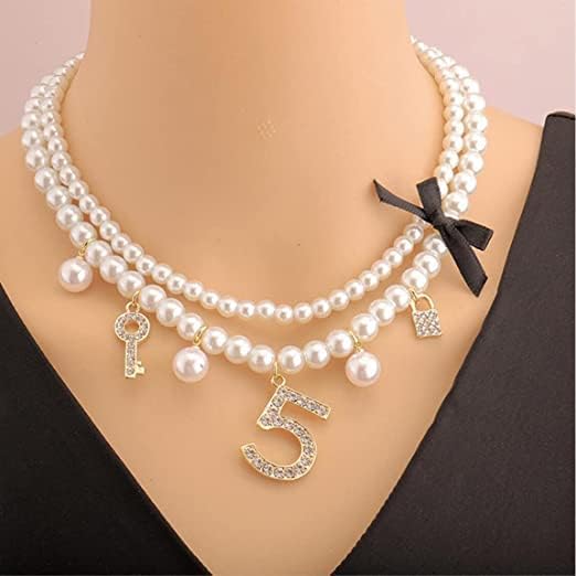 Dainty Simulated Pearls Choker Layered Pearl Necklace Rhinestone Number 5 Dangle Necklace for Women Party Jewelry Gifts - Image 5