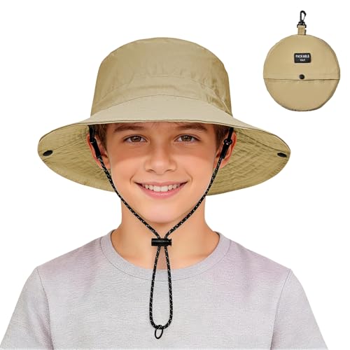Zando Packable Kids Sun Hat UPF 50+ Beach Bucket Hat Summer Khaki 8-12Y