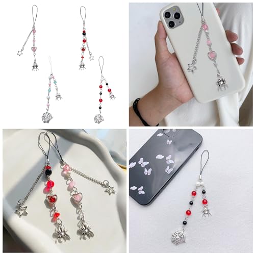 LAMDNL Handmade Beaded Phone Chain Halloween Spiderweb Cellphone Charm Colorful Keyring Pendant Keychain Jewelry Accessory, 15cm/5.91in, Red