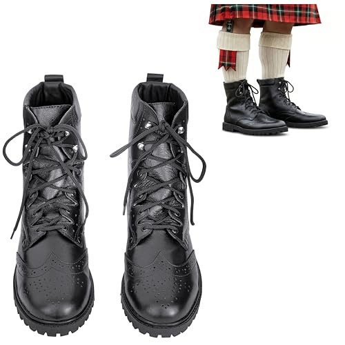 Long Lace up Ghillie Brogues Leather Shoes Scottish Kilt Oxford Boots Highland Novelty Wedding, (UK 10 / EU 44) Black
