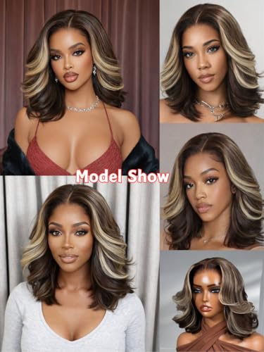 Image of Beauty Forever Bob Wig Human Hair Dark Brown with Honey Blonde Highlights 13x4 HD Lace Glueless Wig,Layered Wavy Short Bob with Drawstring,Pre Cut Plucked Bye Bye Knots,150% Density Ready to Go 10inch