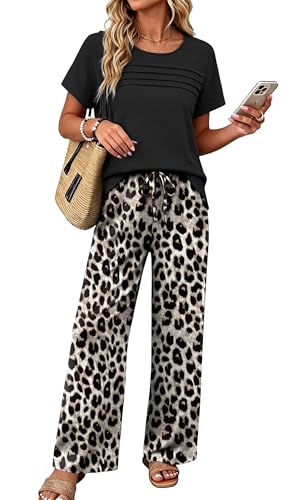 OFEEFAN Women 2 Piece Outfits Summer Linen Wide Leg Pants Matching Lounge Set for Travel Vacation Cruise Going Out Resort Wear Dressy Casual Suits Fashion Clothing Plus Size Loungewear Leopard 3XL