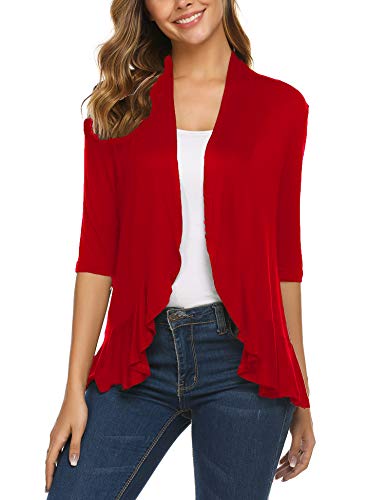 Zeagoo Women's 3/4 Sleeve Cropped Cardigans Sweaters Jackets Open Front Short Shrugs for Dresses Red L