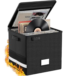 Vinyl Record Storage Box with Lock, Fireproof & Water-Resistant Record Organizer for 100+ 12-inch Vinyl Albums, Collapsible Crate with Lid & Handles, 13″x13″x13″ Record Case - Les Beatles, Paul McCartney, John Lennon, RIngo Starr, George Harrison