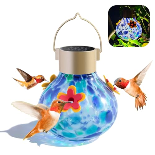 Hummingbird Feeder with Solar Light Outdoor Glass Hummingbird Feeder Auto-Lighting Solar Lamp for Garden Decor 3 Feeding Ports Attract More Birds Waterproof Design Ideal Gift (Blue)