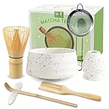 JBER Matcha Set, Matcha Besen Set 7-Teiliges - Matcha Besen und Besenhalter, Matcha Schale aus Keramik, Sieb, Matcha Löffel und Halter, Japanisches Matcha Tee Set für Matcha-Liebhaber - Matt Weiß