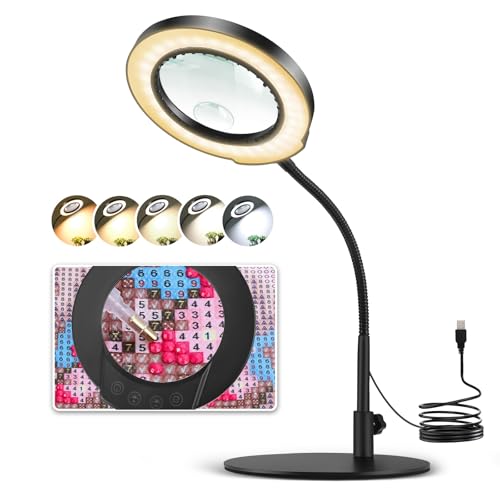 Lampe Loupe sur Pied 10x Grossissante Modelisme 360° LED 5 Couleurs Dimmable - Bureau Eclairante pour Lecture, Réparation et Artisanat