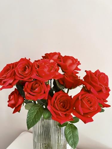 WENSINL Fake Red Roses Artificial Flowers 10 Pieces Valentine's Mother's Day Bouquet Silk Forever with Stems for Wedding Birthday Easter Christmas Engagements Anniversary Home Decor
