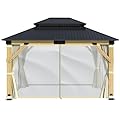 GARTOO 11' x 13' Wooden Gazebo Curtains Part - Outdoor Hardtop Patio Gazebo Canopy Netting Walls with Zipper, Breathable Mesh and Privacy Curtain