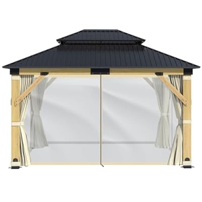 GARTOO 11' x 13' Wooden Gazebo Curtains Part - Outdoor Hardtop Patio Gazebo Canopy Netting Walls with Zipper, Breathable Mesh and Privacy Curtain