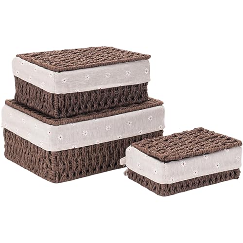 Kongming Cesta Mimbre, 3 piezas Cajas Almacenaje Bohemia Decorativas Tejida Cestas Almacenaje con Tapa y Forro para Dormitorio, Baño, Armarios (marrón)