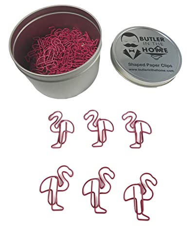 Butler in the Home 100 Count Flamingo Shaped Paper Clips Great for Paper Clip Collectors or Office Gift - Comes in Round Tin with Lid and Gift Box - Pink