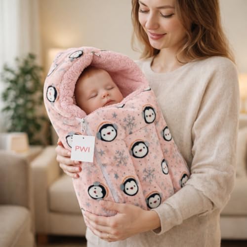 Image of PWI Baby Sleeping Bag for 0-6 Months, Ultra Soft Plush & Sherpa Warm Winter Wrapper with Hood & Zip, Newborn Swaddle Blanket for Stroller & Home Use