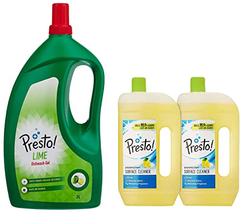 Image of Dish Wash Gel - 2 Litre (Lime) & Disinfectant Surface Cleaner, Pack of 2-975 ml (Citrus)