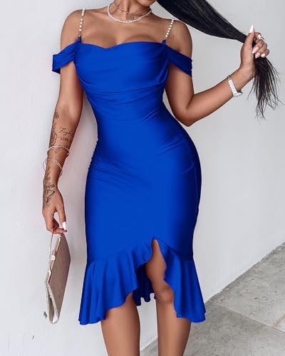 Image of CHICME Womens Sexy Bodycon Party Dress Off The Shoulder Pearls Strap Midi Dress Ruffle Hem Cocktail Dresses