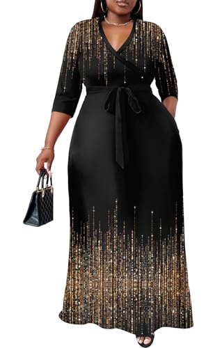 Image of Nmoder Plus Size Maxi Dress for Women - Summer Casual 3 /4 Sleeve Floral Flowy Long Dress with Belt XL- 6XL