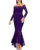 LALAGEN Women's Floral Lace Long Sleeve Off Shoulder Wedding Mermaid Dress Purple L