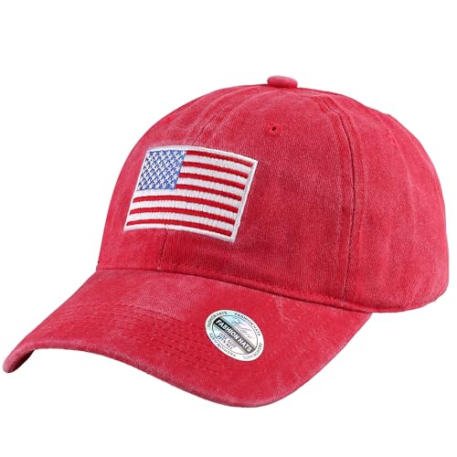 Falari USA Flag Embroidered Baseball Cap, Low Profile Adjustable Dad Hat, 100% Cotton, Pre-Washed (Red)