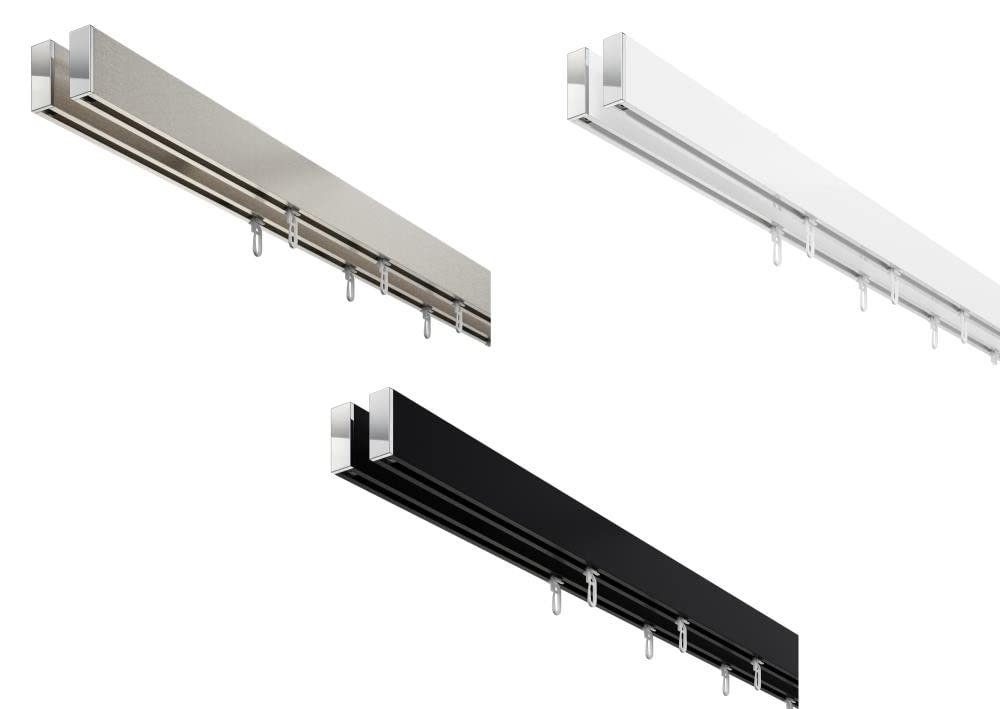 DécoProfi Gardinenstange Innenlauf 2-läufig Set rechteckig Above Schwarz/Verchromt I Länge: 160cm Aluminium für Deckenmontage I Als Gardinenschiene & Vorhangstange geeignet
