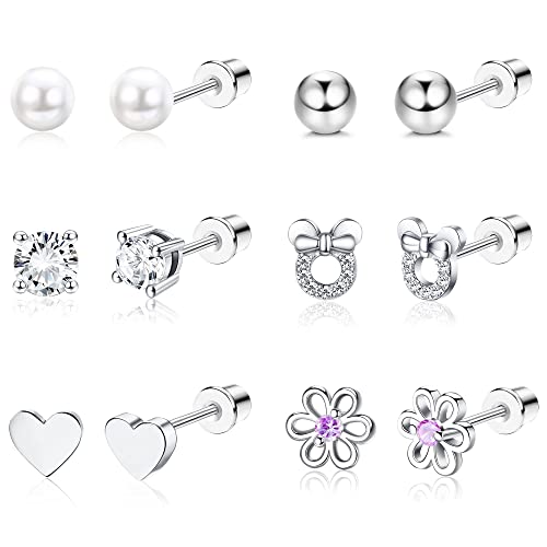 Diamday 6 Pares Hipoalergenicos Pendientes Niña Mujer Pendientes Tuerca Acero Inoxidable 316l Aretes Rosca para Niñas, Lindos y Pequeños Aretes Tuerca Forma Corazón flor Circonita Cúbica Cover