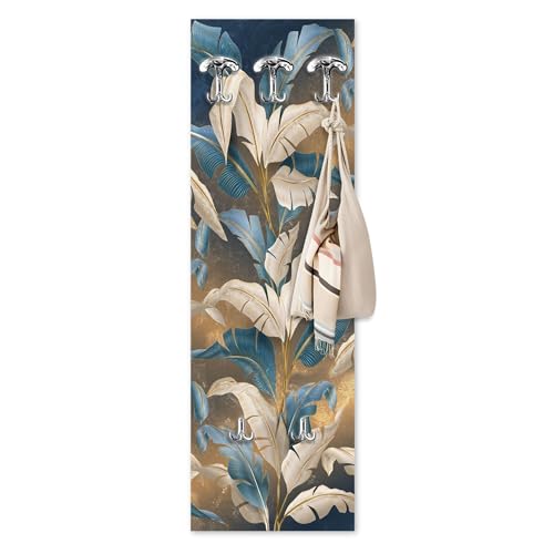 Lupia - Appendiabiti da Parete con Pannello Stampato, Design Tema Foglie LEAVES WHITE BLUE, 5 Ganci Robusti, Facile Montaggio, Adatto a Tutti gli Ambienti, Dimensioni 46x125 cm, Bordo Chiaro, Legno