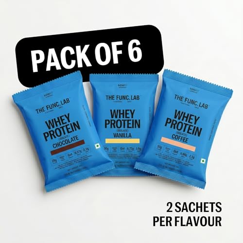 Image of The Func. Lab Whey Protein Isolate - Assorted Flavour Travel Packs | 6 Sachets (35g each) | Grass‑Fed, 29-30g Protein per Scoop | High Protein Supplement with Digestive Enzymes for better Absorption