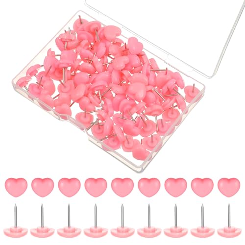 Larrel Lot de 100 punaises décoratives en forme de cœur rose avec boîte de rangement transparente pour murs photo, tableaux d'affichage, panneaux en liège