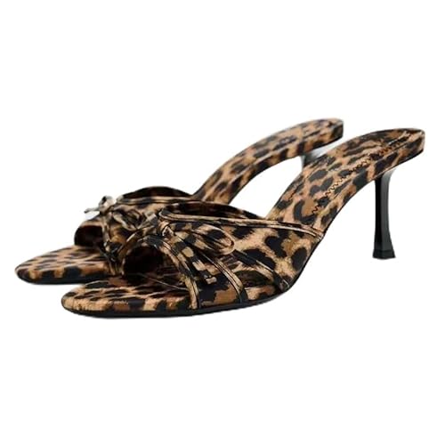 Women's Leopard Heels with Bow Open Round Toe Stiletto High Heels Party Dress Slip On Backless Sandals - 5 - Leopard Print