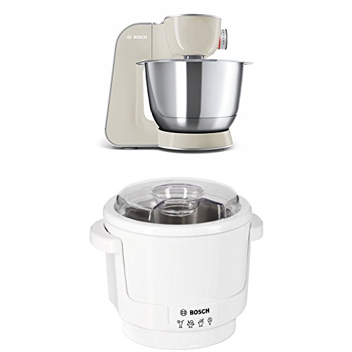 Bosch MUM58L20 CreationLine Küchenmaschine (1000 Watt, 3,9 Liter, edelstahl-Rührschüssel, Durchlaufschnitzler, Mixer-Aufsatz) silber + MUZ5EB2 Eisbereiter Küchenmaschinenzubehör