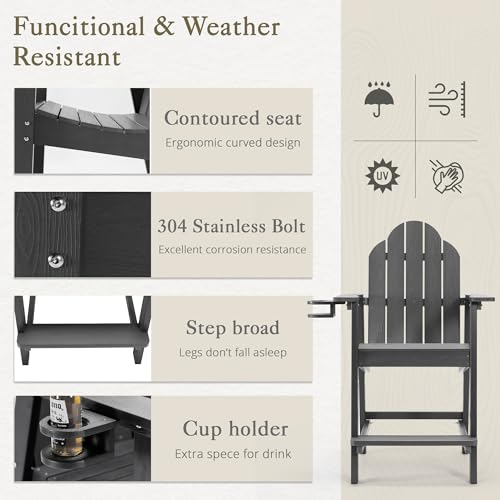LUE BONA Tall Adirondack Chairs Set of 2 with Cup Holder, 25.6, Weather Resistant for Balcony, Deck - Lifeguard Chair