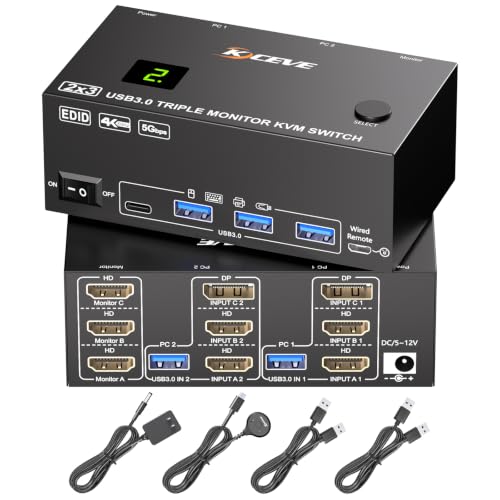 Image of KVM Switch 3 Monitors 2 Computers EDID Simulation,4K@60Hz HDMI Displayport Triple Monitor KVM Switch,3 Monitor KVM with 4 USB 3.0 Ports for Keyboard Mouse, Wired Remote and 2 USB3.0 Cables Included