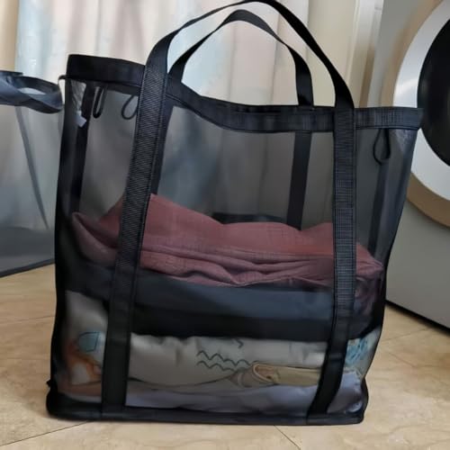 Vixplorn ランドリーバッグ 大容量 メッシュ 高通気性 ランドリーバスケット 折りたたみ 取っ手 フック付き 壁掛け可能 コンパクト 軽量 洗濯物入れ 洗濯物カゴ トイレ バスルーム 寝室 脱衣所 リビング (ブラック)