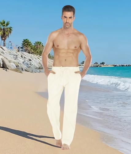 Image of Mens Loose Fit Linen Pants Casual Lightweight Drawstring Stretch Cotton Linen Pants for Men Summer Beach