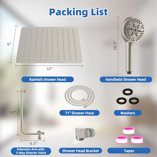 Image of 10 inch Metal Rainfall Shower Head with 10-Mode Handheld, Brushed Nickel
