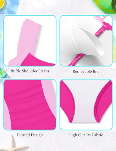 Image of Girls Swimsuit Ruffle Solid One Piece Bathing Suits 7-18 Years | Teen Bathing Suits for Girls Ruched Sleeveless Girls' Swimwear