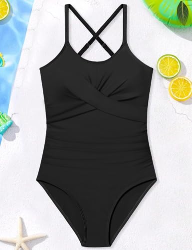 WIQI Girls Swimsuit Criss Cross Ruched One Piece Bathing Suit for Girls Adjustable Tie Back Swimwear 9-16Y4