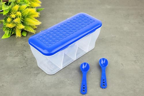 Image of LEMBOSE Multipurpose Plastic 4 in 1 Masala Box for Kitchen, Transparent Pickel Box, 4 Compartment Storage Container Airtight for Cereal, Dry Fruits Dabba1800 Ml with 4 Spoons