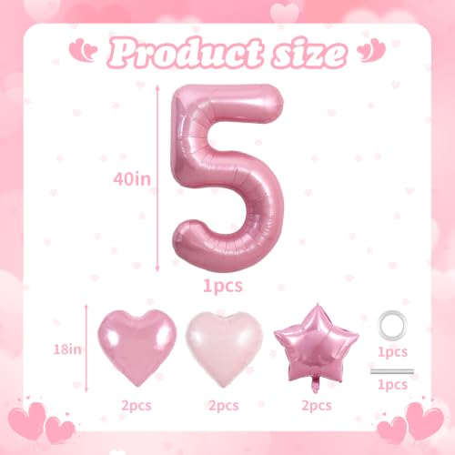 Image of TONIFUL 5th Birthday Balloons Kit 40 Inch Pink Large Number 5 Foil Balloon | with 18 Inch Helium Foil Star Shaped Balloons for Girls Women Birthday Anniversary Graduation New Year Eve Party Decoration