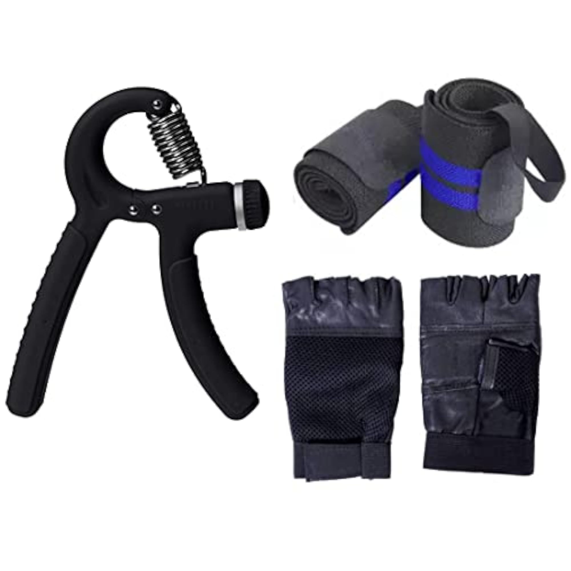 Adjustable Hand Grip Strengthener & Blue Wrist Support Band Combo