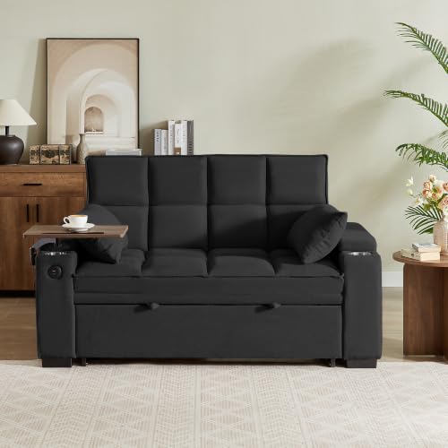 Image of KCGKCG 65 inch Pull-Out Sleeper Sofa Bed, Adjustable Backrest, Black