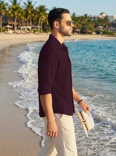 Image of DEELMO Combo of Men's Casual Button Down Shirts Long Sleeve Linen Shirt Fashion Textured Summer Shirts Pack of 2