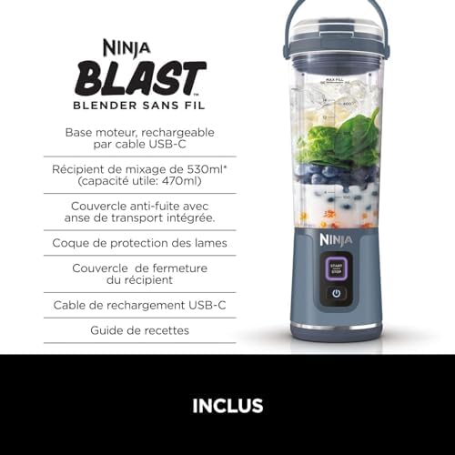 Ninja Blast ポータブルブレンダー 530ml 漏れ防止蓋&飲み口 強力なコードレスミニブレンダー 充電式 ポータブルスムージー プロテインシェイク アイス&フローズンフルーツのブレンド デニムブルー BC151UKNV