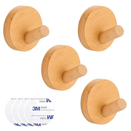 Yoaeyok 4 Piezas Ganchos Percheros de Madera, Ganchos Autoadhesivo Ganchos de Pared Madera Natural Ganchos de Decoración Ganchos de Madera para Abrigos, Sombreros, Bolsos, Circular