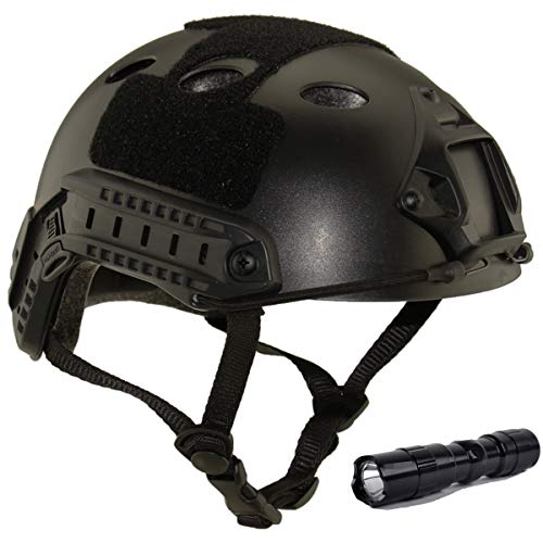 QMFIVE Tactical Helmet, Airsoft Army Military Style PJ Type Fast Helmet with NVG Mount Goggles for CQB Shooting Paintball (Black+light) (BK)