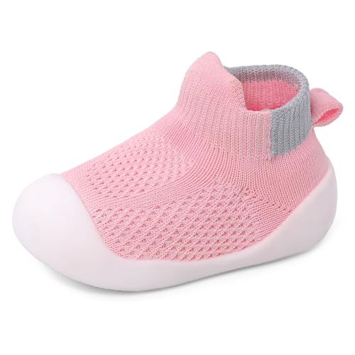 LACOFIA Chaussons Bébé Garçons Filles Respirants Chaussettes Chaussures Premier Pas Bébé Antidérapante avec Semelle Souple en Caoutchouc Rose 12-18 Mois