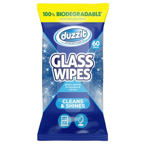 Duzzit Glass Wipes - Cleans & Shines | 100% Biodegradable - Made From Plant Fibres | Suitable for Windows Glass Objects and Mirrors (60 Biodegradable Wipes)